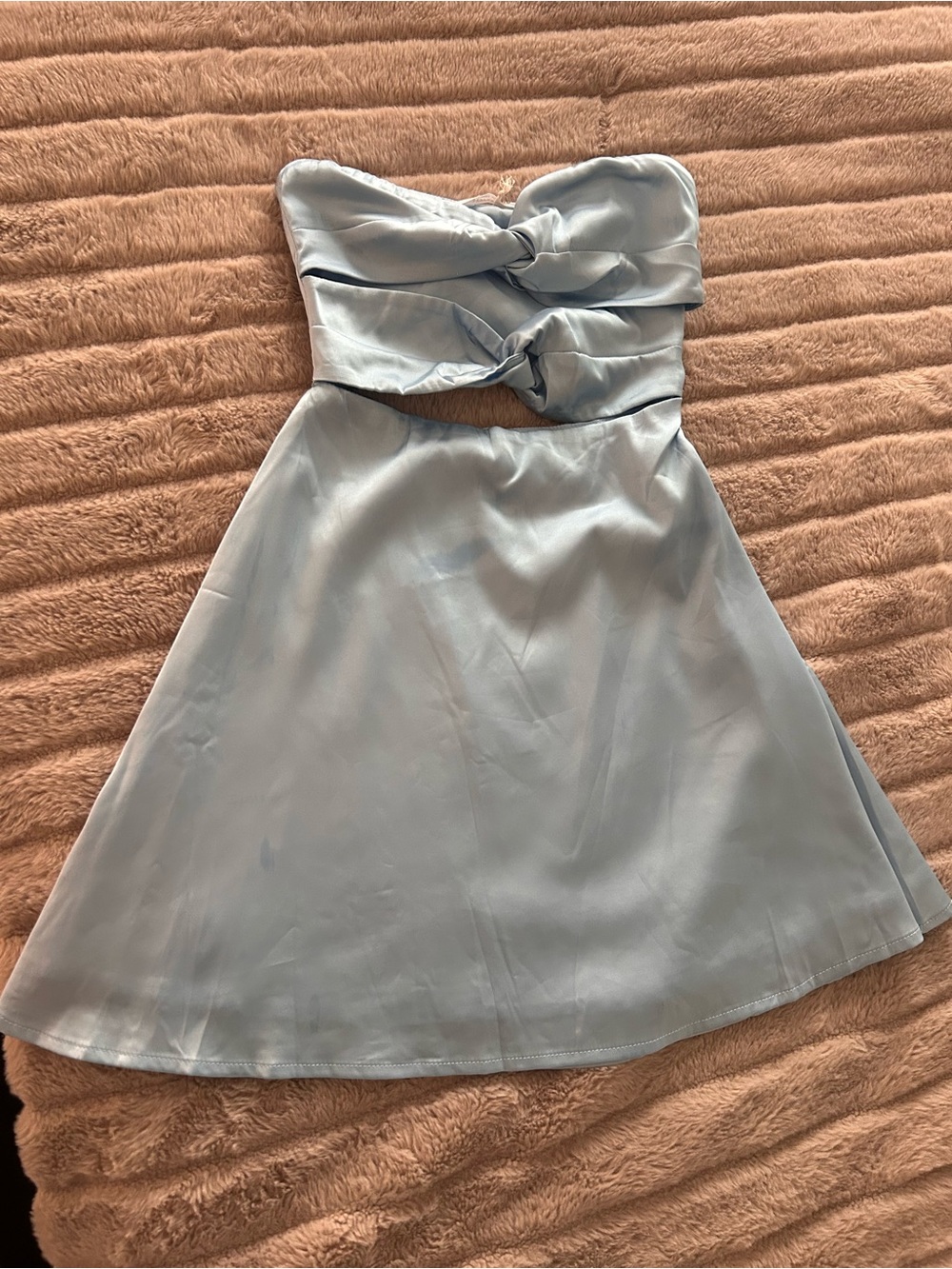 Peppermayo Pale Blue Strapless Satin Mini Dress with Double Bows